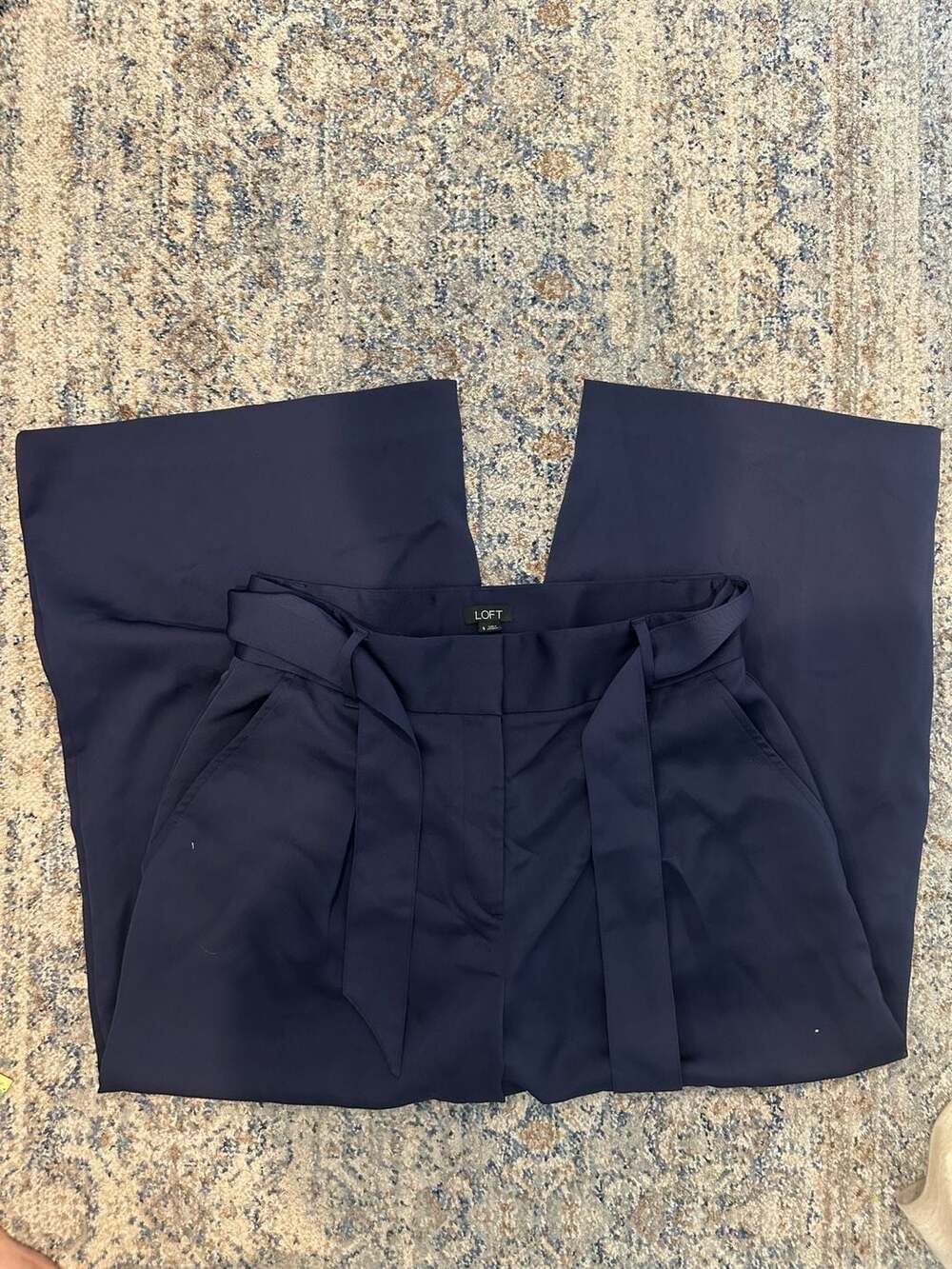 LOFT Wide Leg Pants Size 6 Navy Blue Tie Waist Crop Trouser